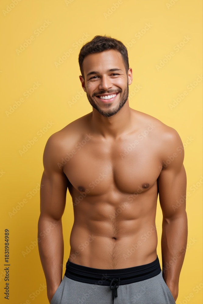 Fototapeta premium Young hispanic male smiling with athletic build on yellow background