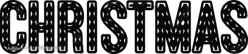 Black lettering spelling out Christmas with a pattern of small, interlocking shapes inside each letter