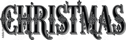 Black ornate decorative font word CHRISTMAS on a white background CHRISTMAS holiday