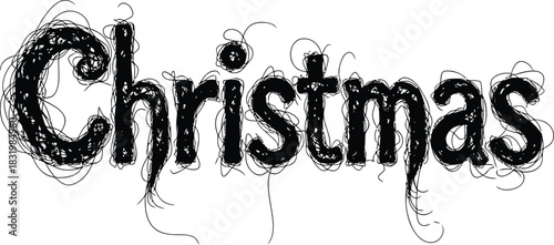 Black Scribbled Christmas Word Art with Loose Strands on White Background text lettering
