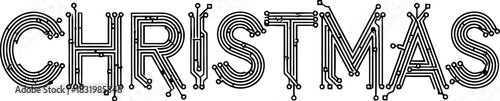 Christmas text made of circuit board lines and components on white background technology electronic