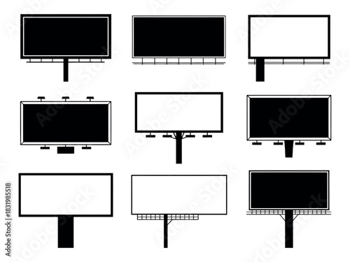 Collection of nine black and white billboard illustrations graphic