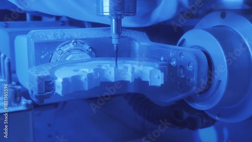 CNC machine milling dental crowns from zirconia block in lab, CAD CAM dentistry, digital prosthodontics, dental technology, precision manufacturing.