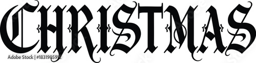 Gothic Blackletter Christmas Text with Decorative Embellishments Isolated on White Background lettering