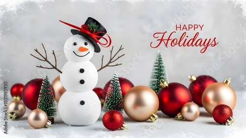 Charming snowman in a festive top hat, surrounded by sparkling red and golden holiday ornaments and miniature evergreen trees, creating a cheerful winter celebration scene