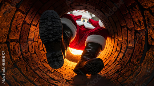 Santa sliding down a chimney interior, suit slightly marked with soot.