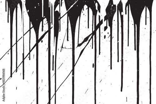 Black Dripping Paint and Splatter Grunge Border on White