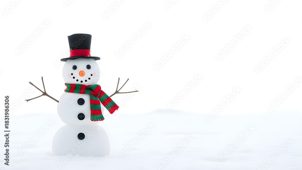 Fototapeta premium Cute Snowman Figurine on White Snow Background