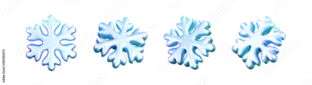 Obraz premium Blue halftone snowflakes with dotted texture in retro comic style isolated on a white background. Vintage print effect winter snowflakes for Christmas or New Year design, card, poster. 3D vector icon