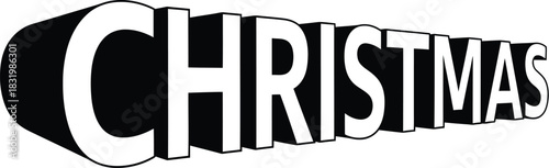 3D Christmas text with receding perspective and dark shadow on white background lettering typography