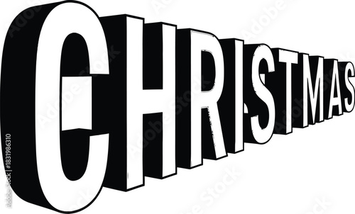 3D Christmas text with receding perspective on white background lettering typography