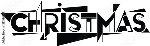 Abstract geometric black and white word Christmas with sharp angles and shapes Keywords: Christmas, holiday, celebration, winter, festive, season, greeting, text, word, typography, lettering