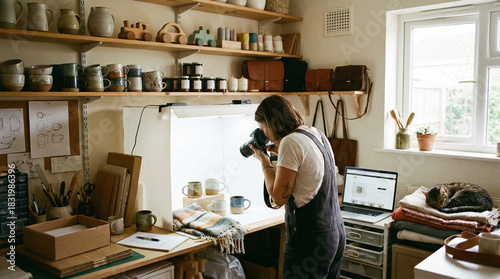 Woman photographing ceramic mugs in home studio, lifestyle product photography.