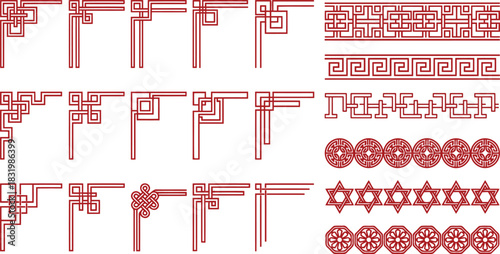 Asian Corner Ornaments Decorative Borders Geometric Pattern Design Set