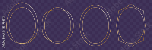 Golden geometric frame set on purple background. Elegant luxury border for wedding invitation, certificate, greeting card, or social media post.