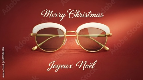 Elegant white and gold framed sunglasses placed on a rich red background with 'Merry Christmas' and 'Joyeux Noël' greetings, creating a luxurious and festive holiday fashion or gift concept
