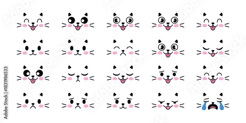 Set of Cute Cat Face Emoticons with Various Expressions on White Background emoji
