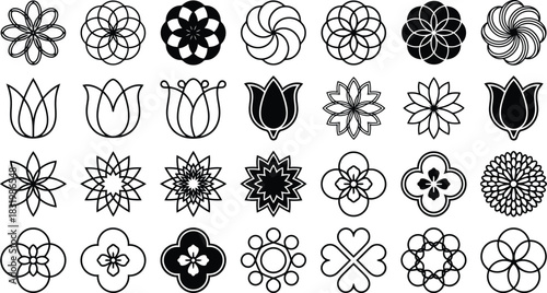 Geometric Flower Icons, Floral Shapes Mandala, and Botanical Design Collection