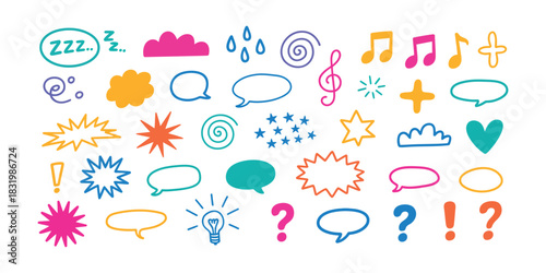 Vibrant Assortment of Hand- Drawn Doodle Icons and Symbols on White Background speech bubble