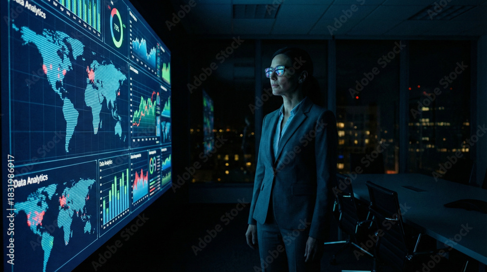 Fototapeta premium Data analyst reviewing global statistics on large screen in modern office