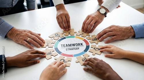Teamwork strategy concept with diverse hands assembling puzzle pieces