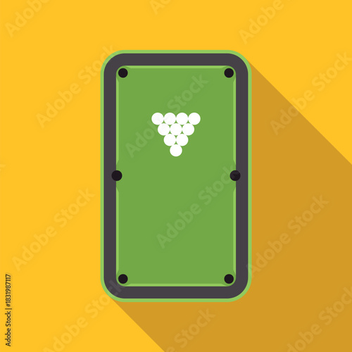 Green pool table with racked white billiard balls on a yellow background, featuring a long shadow