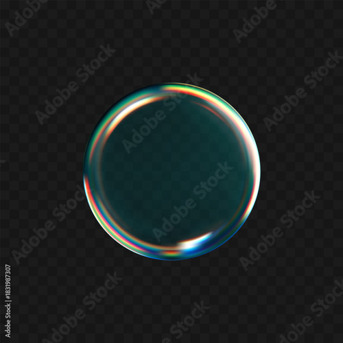 3d glass liquid abstract, fluid shape with holographic effect isolated on dark background. Render of transparent glass circle liquid object, soap water bubble with reflection. 3d vector illustration
