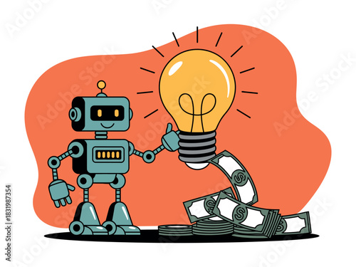 Cartoon robot with lightbulb and money representing a bright idea