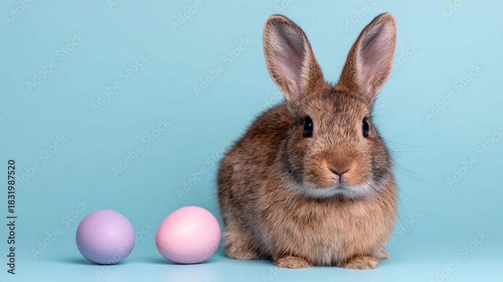 Fototapeta premium Rabbit is standing in front of two eggs