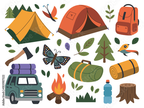 Illustration of camping equipment and outdoor elements in a flat style