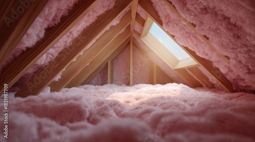 Attic with wooden beams filled with freshly installed pink fiberglass insulation