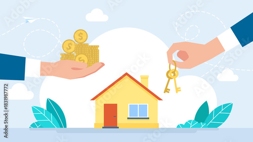 Buying house. Agent of real estate holding in hand house, key. Agent of real estate holding in hand house, key. Buyer, customer gives cash money. Deal sale and purchase of real. Flat illustration