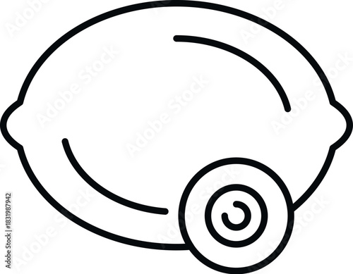 Lemon fruit with a round slice of citrus in line art style