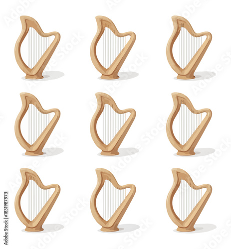 Array of wooden harps isolated on black background for music and arts