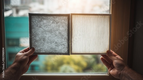 Person holding clean and dirty air filters next to window to compare air quality in home