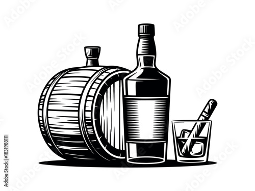 Black and white drawing of a barrel bottle and glass with a cigar