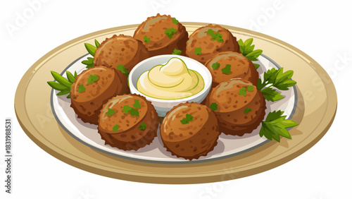 Top-view falafel balls served with creamy garlic mayonnaise on a clean white plate, isolated on a bright white background. Crisp texture, appetizing presentation, perfect for food photography, menus