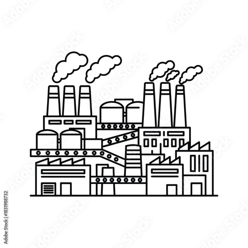 Industrial Factory Complex Line Art Icon with Smokestacks, Conveyor Belts, and Storage Tanks