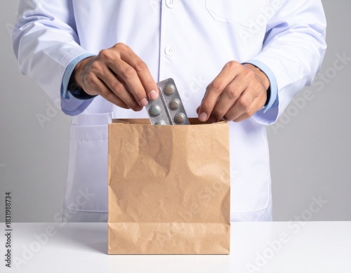 Pharmacist placing medication into a paper bag for a customer