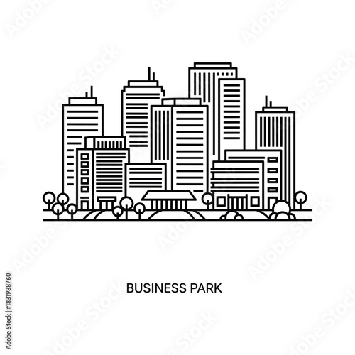 Business Park Outline Icon with Cityscape and Green Space