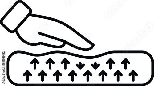 Hand pressing a soft surface, showing pressure points and support arrows, illustrating orthopedic comfort