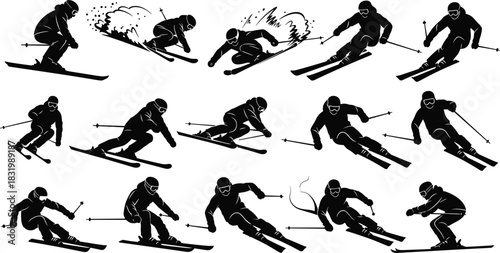 Dynamic Ski Silhouettes  Winter Athletes in Motion, Carving, Jumping, Speed, Technique, Snow Spray, Alpine Action, Sport, Gear, Adventure