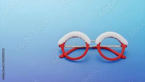 Festive red glasses with a white snowy trim, a fun accessory for a Christmas or winter holiday party, isolated on a cool blue gradient background