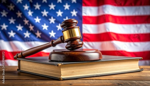 “A judge’s gavel on a law book with the U.S. flag in the background.”