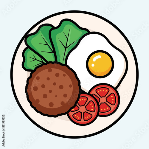a meal with a patty, egg, tomato, and lettuce on a plate