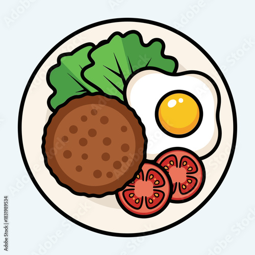 a meal with a patty, egg, tomato, and lettuce on a plate