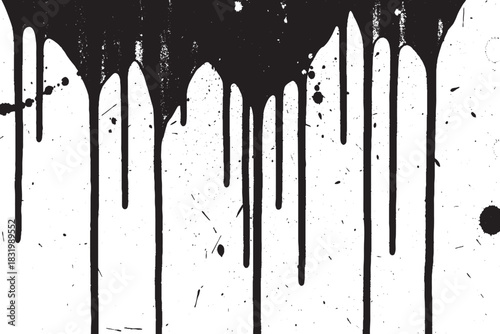 Clean Vertical Black Ink Drips and Splatter on White Background