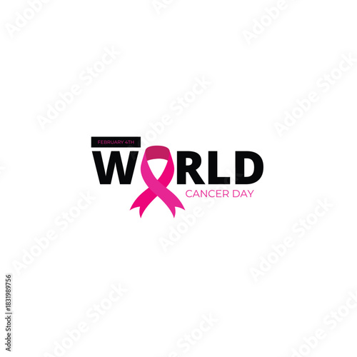 World Cancer Day awareness design with pink ribbon and bold text