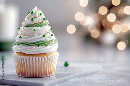 Vanilla christmas tree cupcake with swirling white and green frosting, decorated with gold and green sugar pearls on a grey board. Enchanting festive atmosphere with warm bokeh lights
