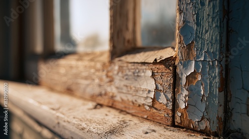 Close-up of old wooden window frame with cracked and peeling paint in warm light